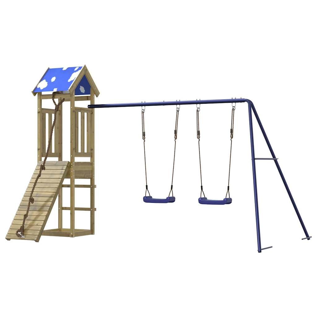 Torre de juego de madera de pino impregnada con columpio y estructura de escalada para jardín, casa de juegos al aire libre con caja de arena, tobogán y cuerda, dispositivo de juegos robusto