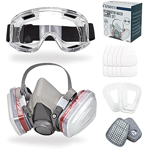 Tesoro Moda Respirator Mask for Spray Painting, Woodworking, Welding, Dust, and General Safety with Clear Eye Goggles, 10 Replacement Filters, Half Face Cover with Safety Glasses Cover