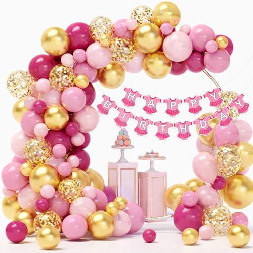 Image of Pink Birthday Decoration Kit with Dress Theme Happy Birthday Banner, Pink & Gold, Confetti Balloons and Arch Strip - Birthday Party Decoration for Girls Kids Celebration - Pack of 52