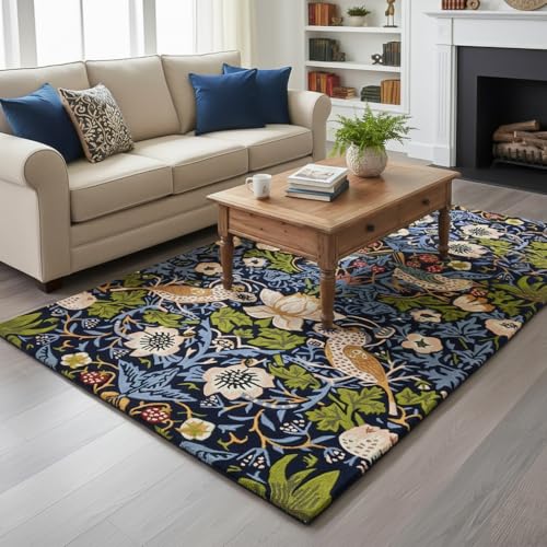 Image of Contemporary Strawberry Wool Area Rug - Handmade Garden-Inspired Floral & Botanical Carpet | Thick, Durable Design, Perfect for Living Room & Bedroom (Navy, 3' x 5')