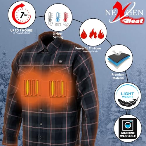 Nexgen Heat Men's Nxm1602set-'Riffraff' Black, Grey and Red Heated Flannel Long Sleeve Shirt (Rechargeable Battery Pack Included)2