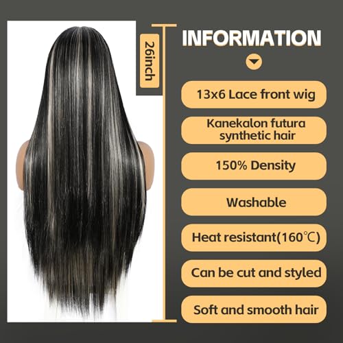 Sapphirewigs 13x6 Highlight Black Straight Lace Front Wigs Long Straight Wig for Women Highlight White Lace Front Synthetic Hair 150% Density Party Daily Wear Heat Resistant 26inch - Image 2
