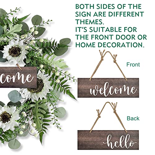 Image of PGANDS Eucalyptus Wreath for Front Door Sunflower Flowers Wreath for All Seasons with Welcome Sign Handmade Artificial Spring Garland for Front Door Garden Window Decor 20 inch