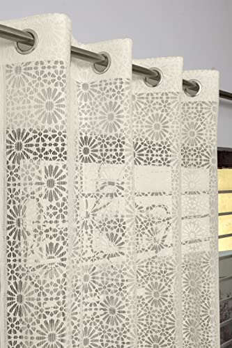 Image of Fabrilia Geometric Pattern Window Net Curtains 5 feet Long Set of 2 for Living Room /Bedroom, Cream