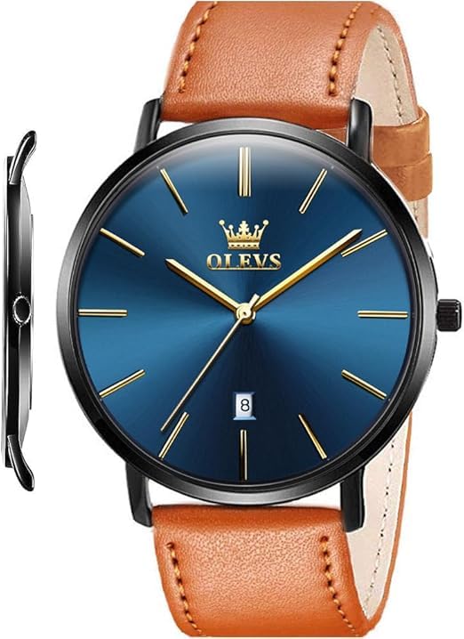 Image of OLEVS Mens Watches Minimalist Ultra Thin Fashion Casual Analog Quartz Date Watch Waterproof Slim Simple Big Face Dress Wrist Watch with Retro Leather Band for Men