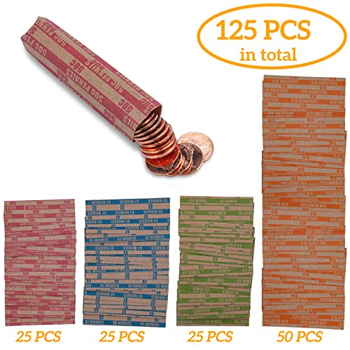 Image of DGBDPACK 125 Assorted Flat Coin Wrappers, 25 Dimes, 25 Nickels, 25 Pennies, 50 Quarters Convenient Pack