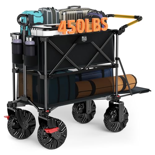 TIMBER RIDGE Push & Pull Double Decker Wagon 400L Large Capacity Heavy Duty & 450lb Load Collapsible Cart with All-Terrain Wheels & Brakes 54 Extended Foldable for Sports Beach Camping Black
