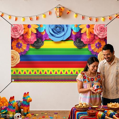 Image of Katchon, Mexican Theme Party Striped Backdrop - Pack of 1 | Fiesta Cinco De Mayo Paper Flowers Background Party Decoration for Fiesta Party,Birthday, Baby Shower, Wedding Photography Studio Props