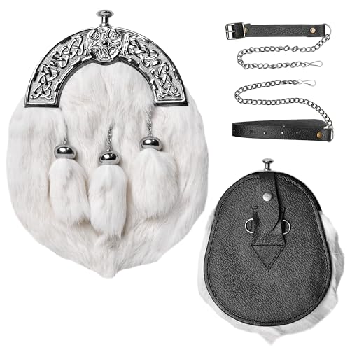 Sporran Kilt for Men Premium Fur Full Dress Scottish kilt Sporrans for men with Chain Belt Kilt Accessories (White Chrome W)