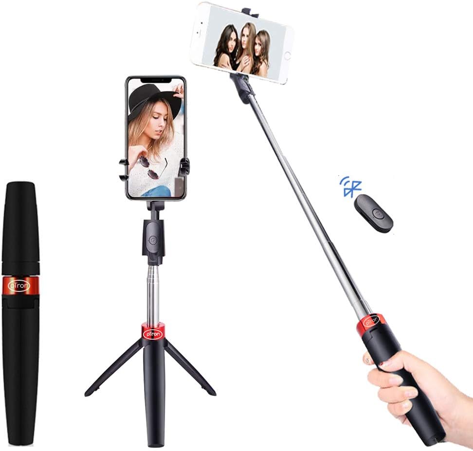 pTron Glam Plus Bluetooth Extendable Selfie Stick with Tripod Stand, Wireless Remote, 73cm Extended Length, Compatible with 6-8cm Width Phones & Replaceable Battery - (Black & Red)