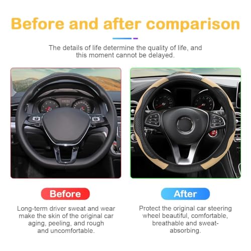 Image of Osilly Car Steering Wheel Cover, 15 inch Carbon Fiber Microfiber PU Leather Elastic Steering Wheel Protector for Men Women, Anti-Slip Breathable Car Interior Accessories for Most Cars (Black /Beige)