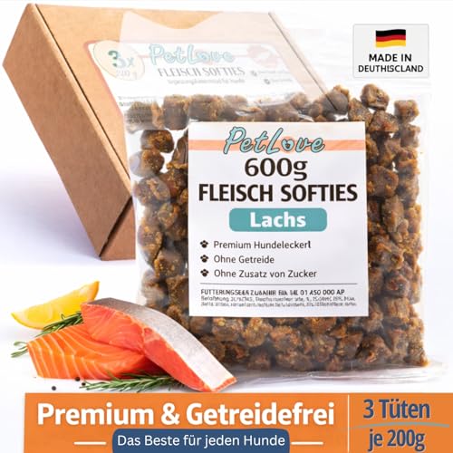 PetLove Fleisch Softies für Hunde • Hundeleckerli ohne Getreide • 63% Fleischgehalt • Hunde Leckerlis für Training • Lachs (3x200g)
