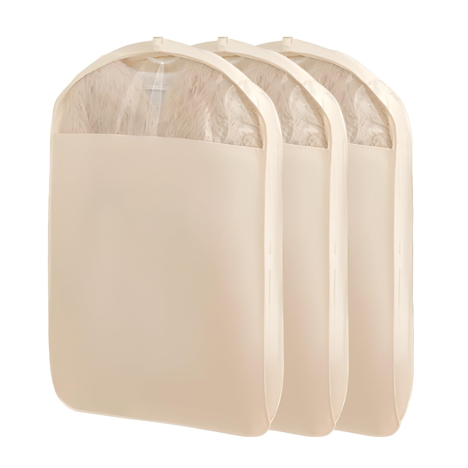 Fundas de Ropa Armario para Colgar, Funda Ropa de Satén de 160 G/m², Funda Traje Almacenaje, Fundas Ropa Armario, 3 Portatrajes Mujer con Ventana Transparente(Beige,58x9x130cm/23x3.5x51in)