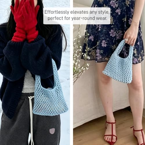 Image of Mini Clutch Handbag Fishing Net Bucket Bag Cotton Rope Crochet Drawstring Woven Beach Bag Small Tote for Women Girls
