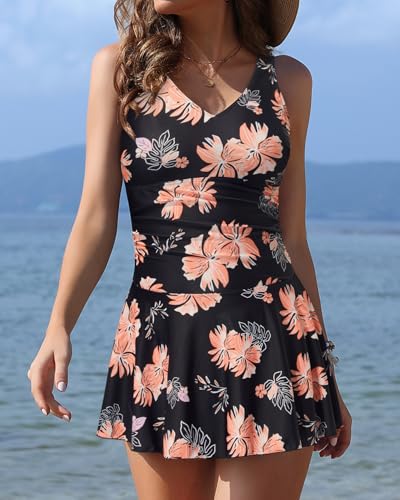 Image of Yonique One Piece Swimsuits for Women Modest Tummy Control Swimdress Vintage Bathing Suits Skirt Swimwear