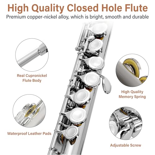 Image of Mendini by Cecilio 16 Keys Closed Hole C Flute Kit for Beginners - Silver | Beginner Flute Kit with Carrying Case, Stand, Tuning Rod, Adjustment Screws, Cork Grease, Lesson Book, Cleaning Kit, Gloves