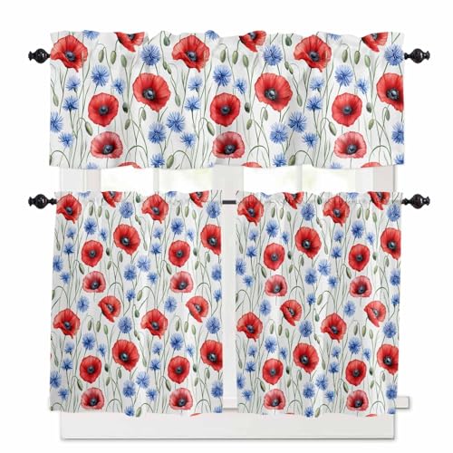 4th of July Flower Kitchen Curtains 36 Inch Length, 3 Piece Rod Pocket Small Half Tiers and Valance Set, Patriotic Red Blue Poppy Floral Small Large Window Treatment Decor for Bedroom/Bathroom Sink