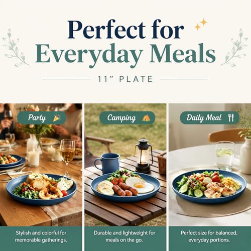 Image of 11In Wheat Straw Deep Plate, Reusable Plastic Plates Set,Dark Blue | Unbreakable Alternative to Melamine Plates Set for Family Kitchen & Outdoor Dining