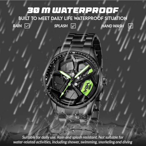 Image of V2A Men's Analog Watch with Spinning Wheel Dial - Black and Green| Stylish Stainless Steel Band | Water & Scratch Resistant - Model 2310
