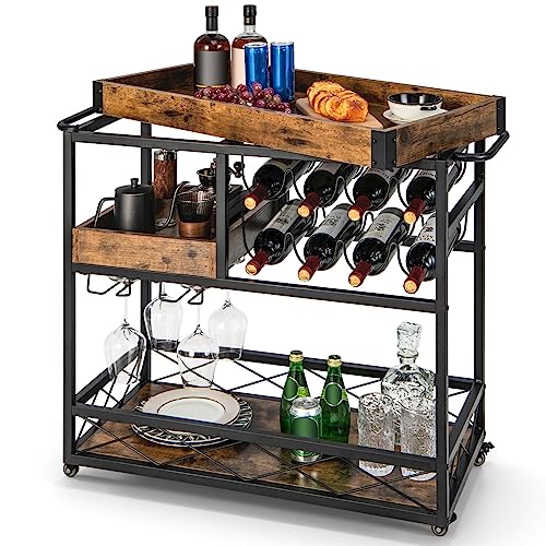 COSTWAY Serving Trolley on Wheels, 3-Tier Rolling Bar Cart with R...