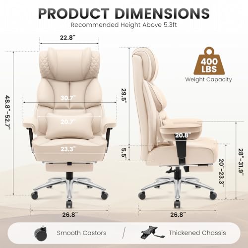 Image of BestGlory Office Desk Chair, Big and Tall Leather Gaming Chair with Footrest, Wide Ergonomic Comfy Executive High-Back Reclining Computer Chairs, Swivel Rolling Wheels and Padded Lumbar Support, Beige