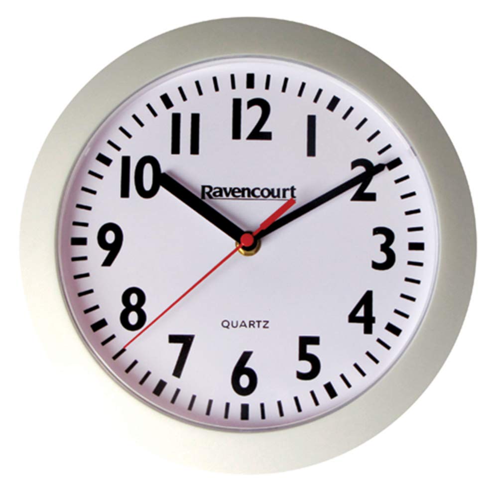 Ravencourt White Quartz Analogue Clock ¦ For Schools, Hospitals, Offices And Homes ¦ High Contrast Numbers ¦ Battery Powered ¦ Rim With Face ¦ Small - 21Cm Face