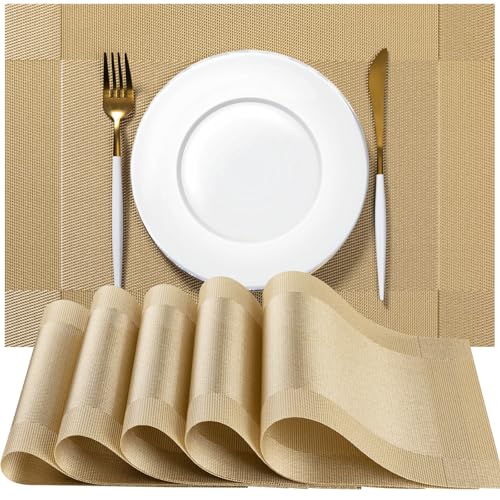 Image of Placemats Set of 4 - Easy Clean Woven Vinyl Placemats for Dining Table, Indoor /Outdoor Place Mats, Washable PVC Table Mats(Gold Cube)