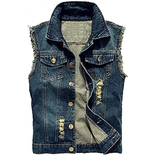 Yokbeer Herren Denimweste, Zerrissene Retro-Jeansweste Ärmellos, Jacke, Weste, Rock Punk Weste, Cowboy (Color : Navy Blue, Size : 4XL) Cover