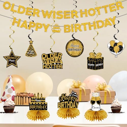 Image of Kuxriox 11Pcs Happy Birthday Decorations Kit for Men Women, Black Gold Happy Birthday Banner, Older Wiser Hotter Glitter Banner Party Supplies, Bday Decor Centerpieces Swirls Table Topper Sign