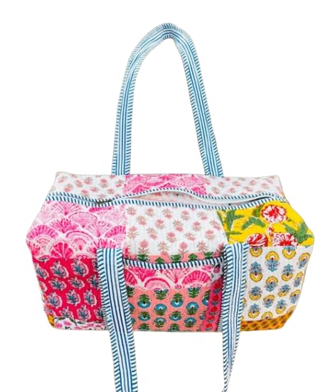 Quilted Large Travel Duffel Bag, Tote Gym Bag,Shoulder Weekender Overnight Bag for Women Floral Patchwork Handmade bags gifts 18x9x9