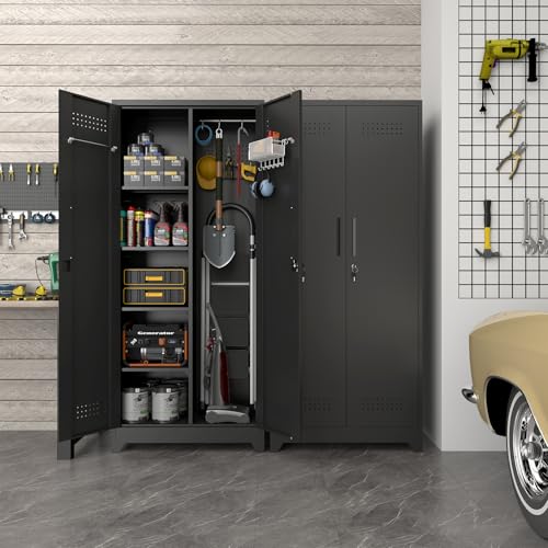 Image of Metal Locking Cabinet, 72.8 inch Tall Storage Cabinet for Broom, Garage Storage Cabinet with Doors and Shelves, Heavy Duty Tool Cabinet for Home Office, School, Basement,Gym