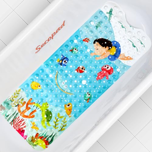 Image of Baby Bath Mat for Tub for Kids, 40in x 16in Non Slip Cartoon Bath Tub Shower Mat Anti Slip with Drain Holes and Suction Cups Machine Washable, Swimming Kids