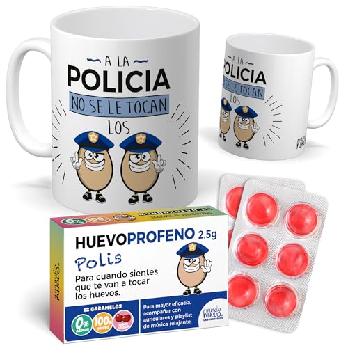 mundohuevo Pack Regalo Policía Original: Taza Divertida “A la Policía No se le Tocan los Huevos” + Caramelos de Broma Huevoprofeno | Detalle Gracioso y Único para Cumpleaños, Policia