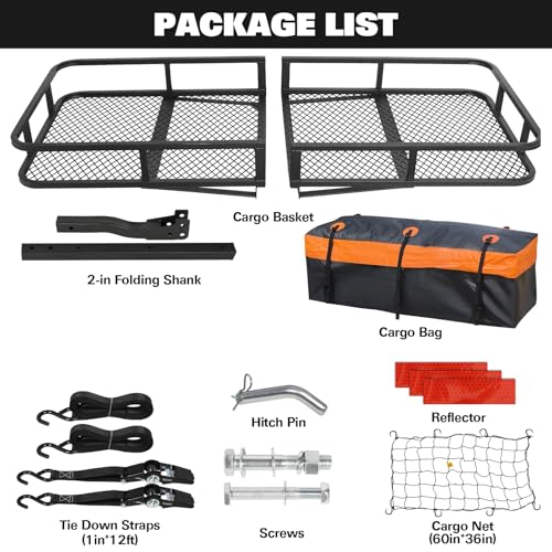 WEIZE Folding Hitch Mount Cargo Carrier 60" x 20" x 6", 500 lbs Capacity Hitch Cargo Rack with Waterproof Bag, Hitch Stabilizer,Net and Straps for SUV Pickup Camping Traveling