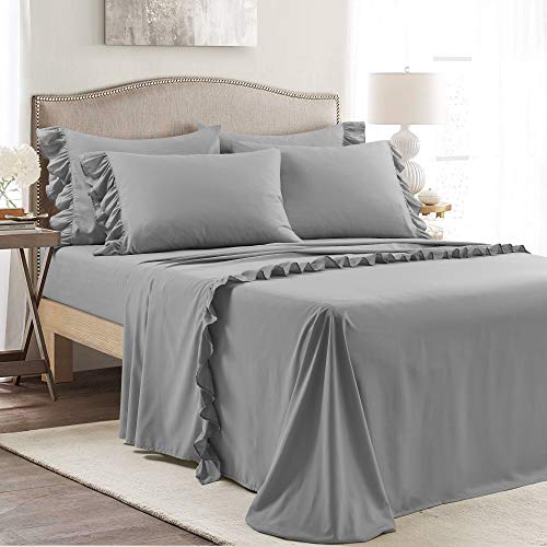 Image of Lush Decor Reyna Ruffle Sheet Set, 6 Piece Set, Queen, Dark Gray - Soft & Comfortable Sheets With Ruffles - Classic Elegant Bed Sheet Set - Traditional, Modern Farmhouse, Glam, & Cottage Bedroom Decor