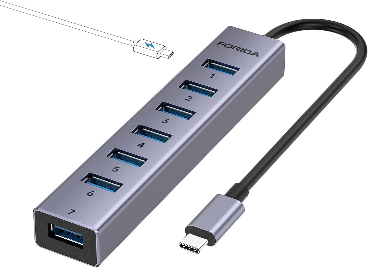 FORIDA USB C Hub-8 Port USB HUB with 7 USB3.0 Data Ports,Aluminum Alloy USBC Splitter with Type C 5V/3A Power Port Compatible with MacBook, iPad,