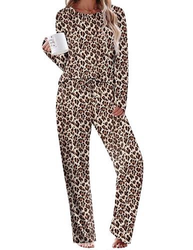 Ekouaer Womens Pajama Sets 2 Piece Sleepwear Soft Pajamas Long Sleeve Pjs Comfy Loungewear,Leopard,S