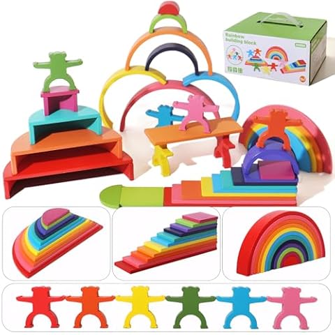 40-Piece Wooden Rainbow Stack Set, 4-in-1 Building Blocks preschoolers Early Development & Activity Toys Montessori Toys for Kids 3, 4, 5, 6 Years and Older Gifts for Boys and Girls Cover