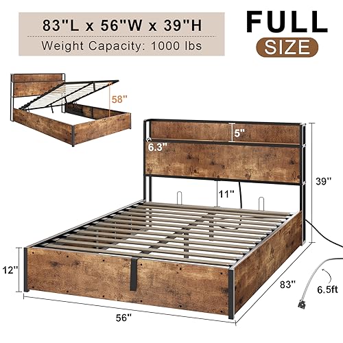 Image of AMERLIFE Full Size Lift Up Storage Bed Frame, Wooden Platform Bed Frame with Lifting Storage & Charging Station, No Spring Box Needed /Noise Free, Rustic Brown