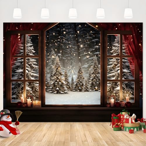 AIBIIN Toile de fond pour fenêtre de Noël - 2,1 x 1,5 m - Forêt enneigée - Sapin de Noël - Pour photographie d'enfant - Portrait de famille - Décoration photo - Accessoires photo