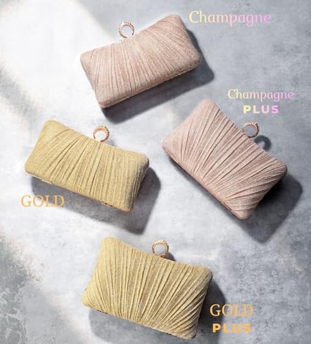 Image of Womens Golden Glitter Clutch Purse Pleated Evening Bag for Bridal Wedding Party with Rhinestone Ring