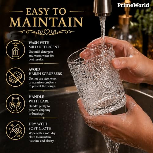 Image of PrimeWorld Embossed Romantic European Crystal Whiskey Glasses Set of 6 pcs- 300 ml Bar Glass for Drinking Bourbon, Whisky, Scotch, Cocktails, Cognac- Old Fashioned Cocktail Tumblers