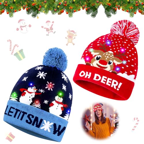 2 Stück Weihnachtsmütze Kinder, LED Weihnachtsmütze, Mütze mit LED...