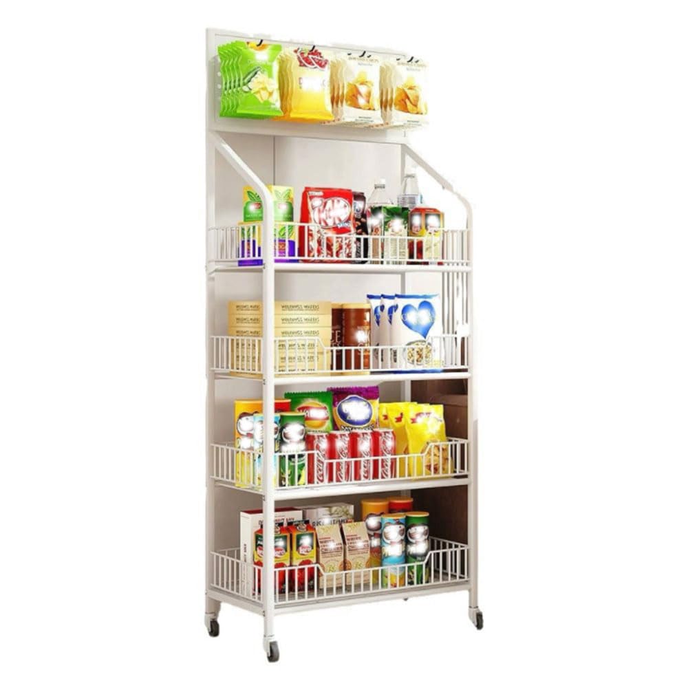 AYCDL Display Rack with Wheels and Hooks - Versatile Floor-Standing Organizer for Snacks and Confections in Supermarkets and Homes,White-4 Tier