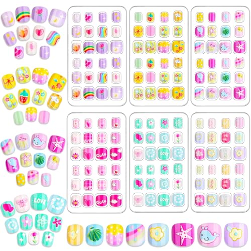 Audab 144 Pieces Kids Press on Nails for Girls Fake Nails Emboss Artificial Nail Tips Pre Glue Short Stick on Nails for Kids Nails Decoration Sleepovers Kids Valentine Day Gifts (Sweet Sunshine)