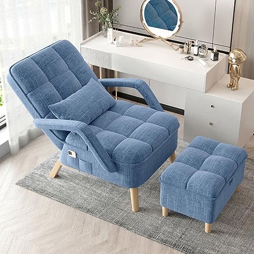 Moderno sillón reclinable de lino de algodón azul con respaldo de almohada y patas de madera resistentes, elegante asiento para sala de estar y dormitorio para decoración del hogar y relajación