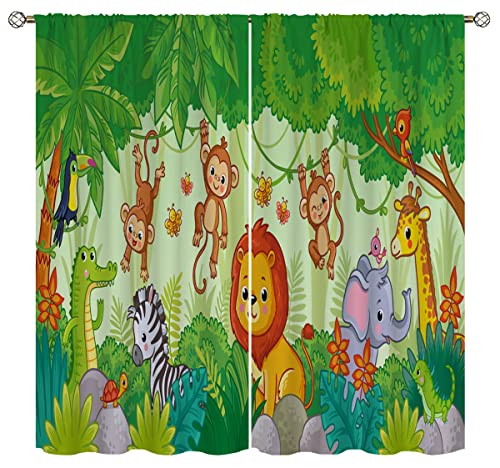 Image of Cartoon Animals Blackout Curtains for Kids Home Decor,African Animals Jungle Cute Cartoon Rod Pocket Darkening Drapes Kitchen Window Curtain for Boy Girl Bedroom Living Room W27.5xL39 inch