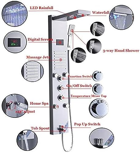 Columna de ducha de lujo LuxuryRain con panel de cascada, sistema termostático, 4 boquillas multifuncionales, pantalla digital y masaje SPA miniatura 3