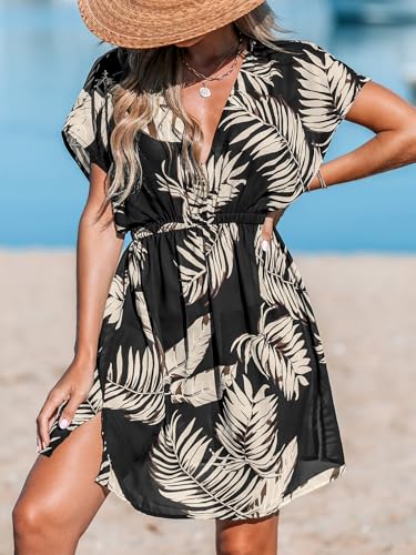 Image of CUPSHE Women's Swimsuit Coverup Casual V Neck Beach Dress Short Sleeve Elastic Waist Swimwear Cover Ups 2026 Beachwear