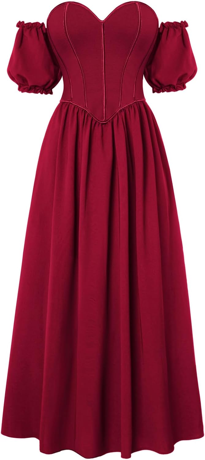 Scarlet Darkness Women Off Shoulder Corset Dress Sweetheart Fishboned Puff Sleeve Renaissance Dress